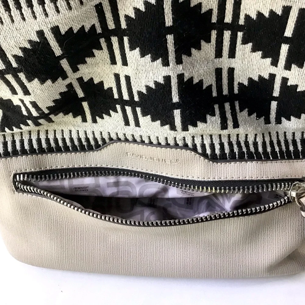 David Jones Tote Purse Hobo Bag Cream & Black Textile Print & Synthetic Leather